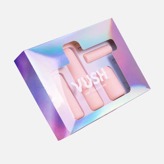 Iridescent box packaging labelled "VUSH POP COLLECTION" with clear window to display four vibrator cases inside, against light grey background